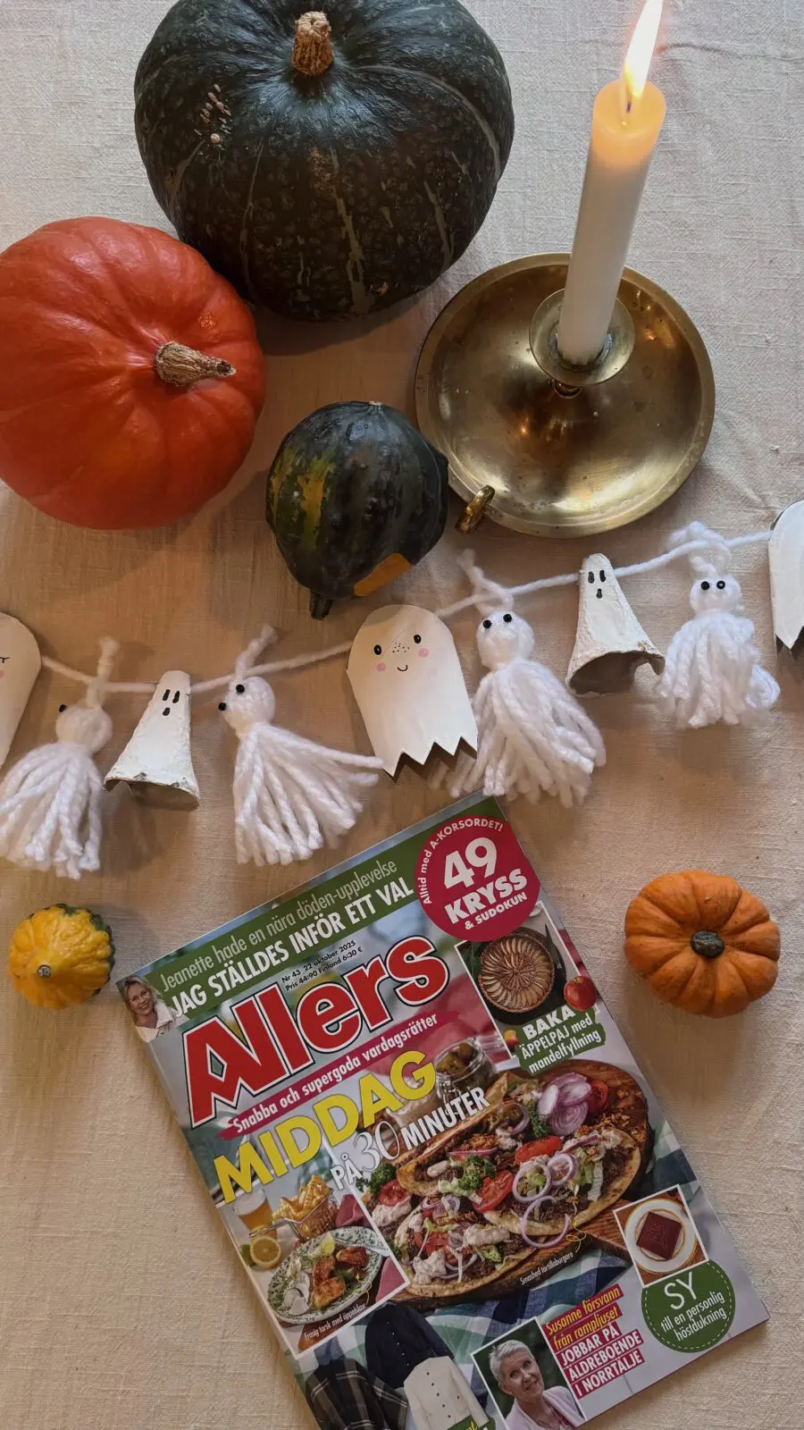 Halloweengirlang, spöken av garn, toarullar och äggkartong samt Allers tidning