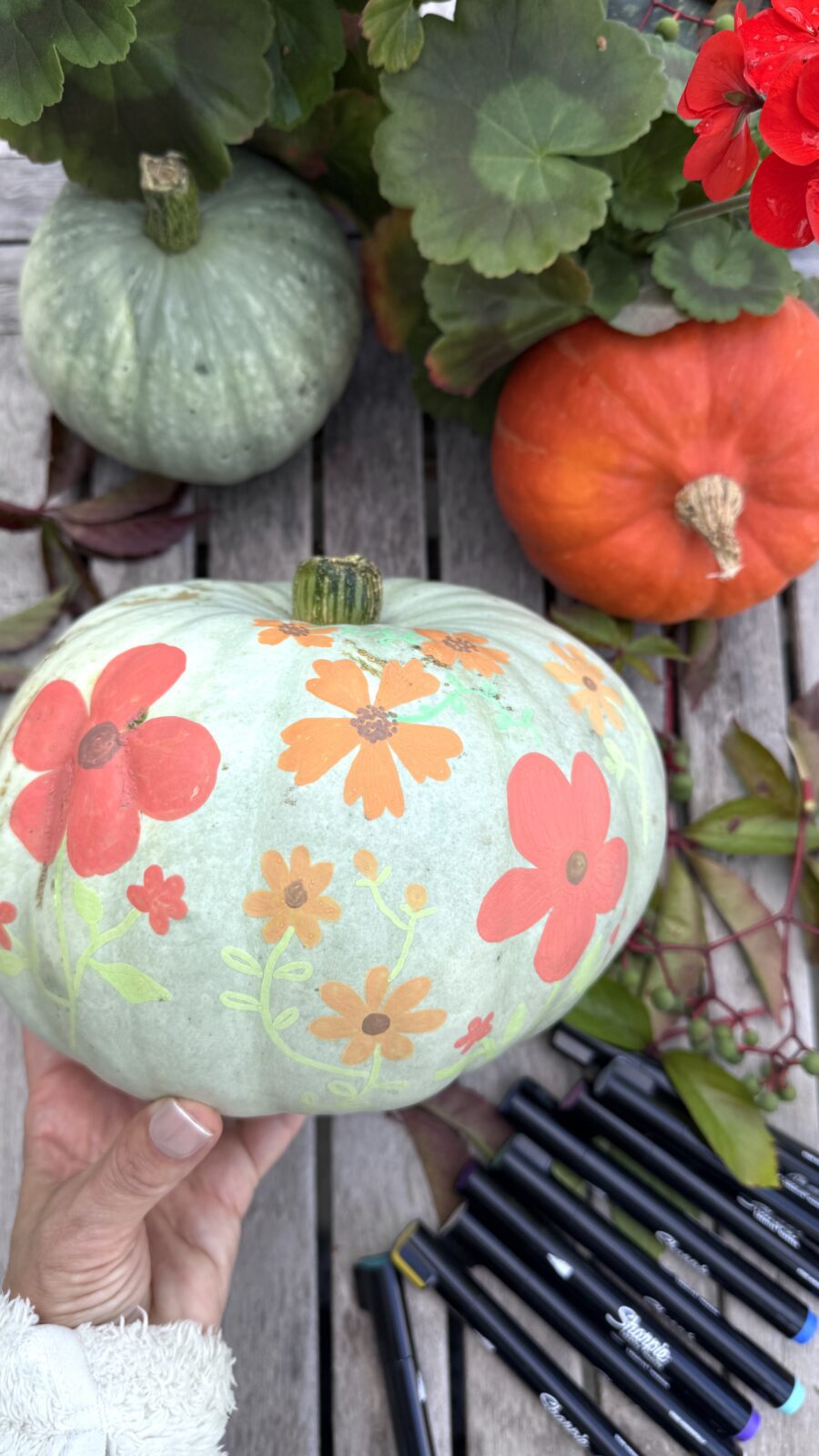 Färdigmålad pumpa med färgglada pumpor